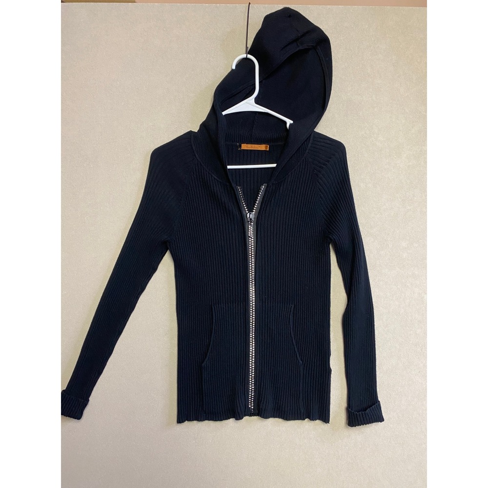 Belldini Black Ribbed Knit Rhinestone Zip Up Hoodie Sweater Womens Large